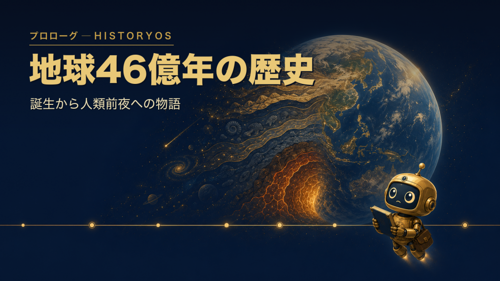編集部ロボットが宇宙から地球46億年の地層を見つめるアイキャッチ