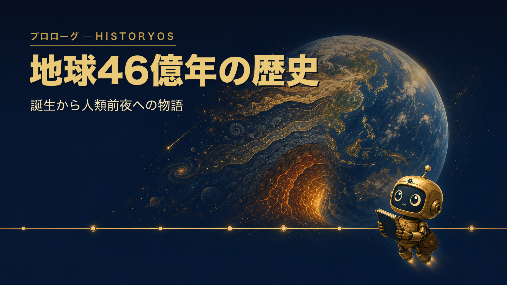 編集部ロボットが宇宙から地球46億年の地層を見つめるアイキャッチ