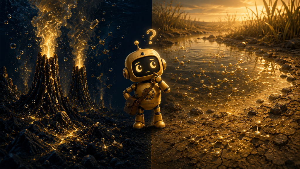 深海熱水と浅い水たまりのどちらが生命の故郷かと首をかしげるHistoryOSロボット