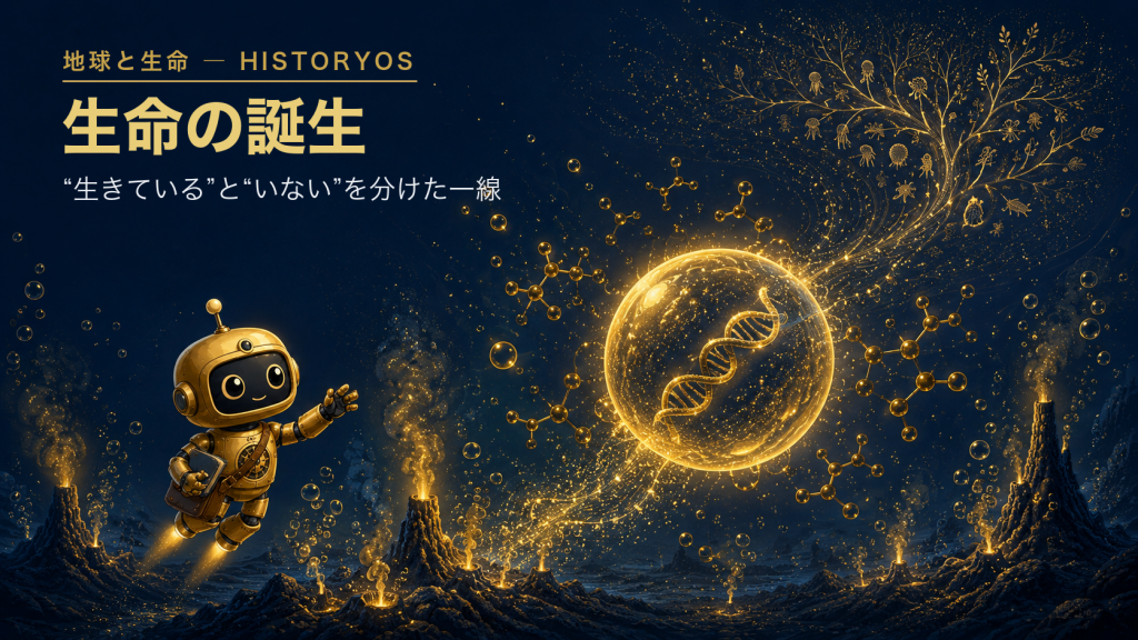 原始の海で最初の細胞が生まれる瞬間を見つめるHistoryOSロボット